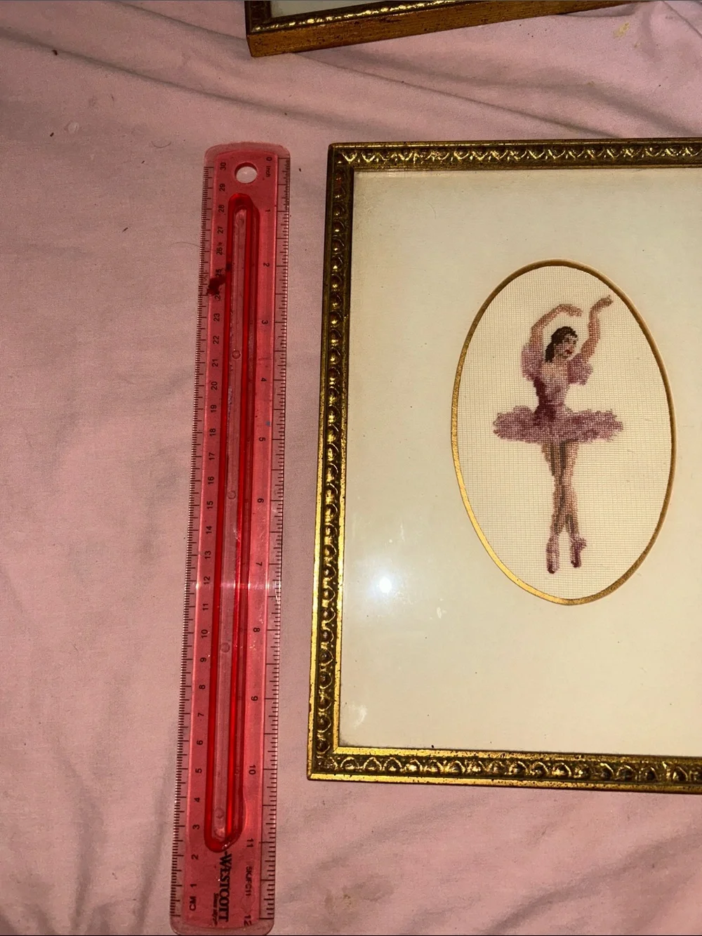 Pair of Vintage Ballerina needlepoint in GUMPS Gilt florentine frames,Blue&Pink